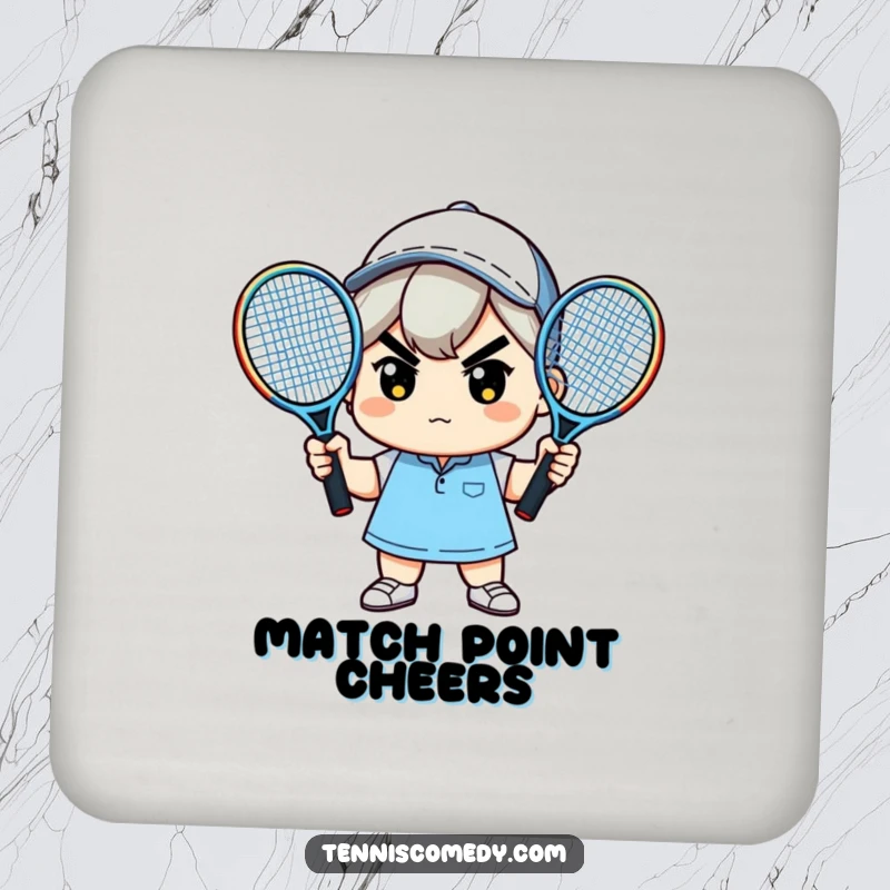 Funny drink coaster featuring a determined kawaii character with two tennis rackets, protecting surfaces with humor.