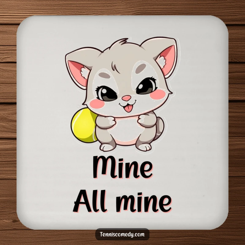 Funny drink coasters featuring a mischievous character hiding a tennis ball behind its back, protecting surfaces with humor.