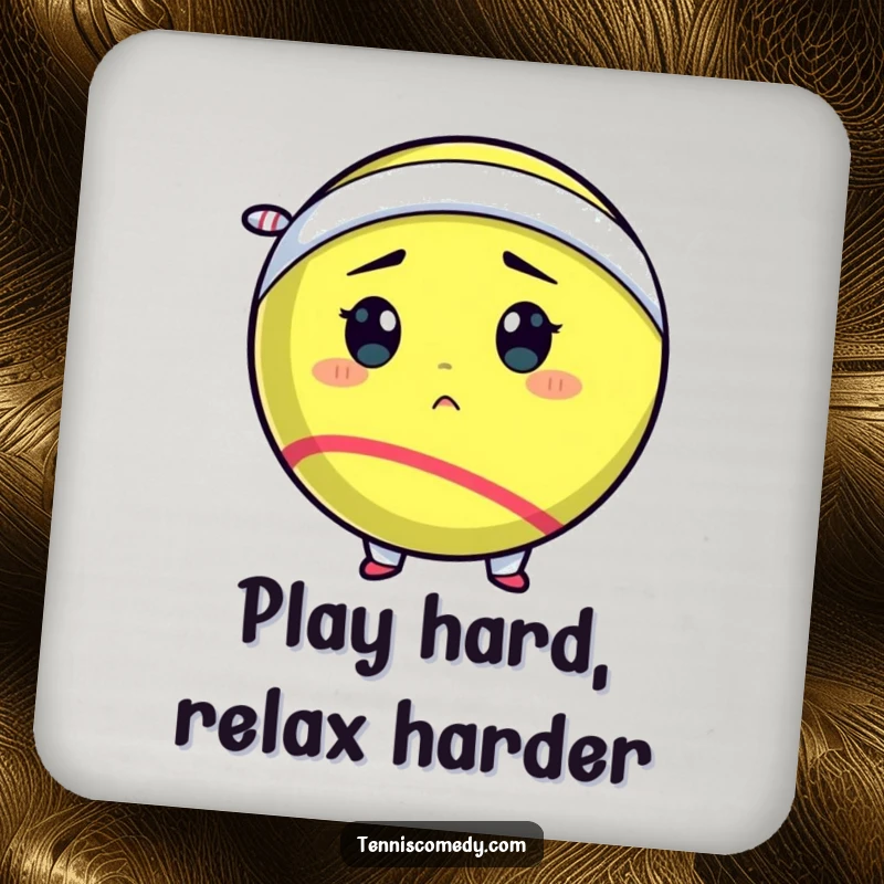 Funny tennis ball coaster featuring a determined tennis ball comically wearing a tiny sweatband, adding a playful touch to any table.