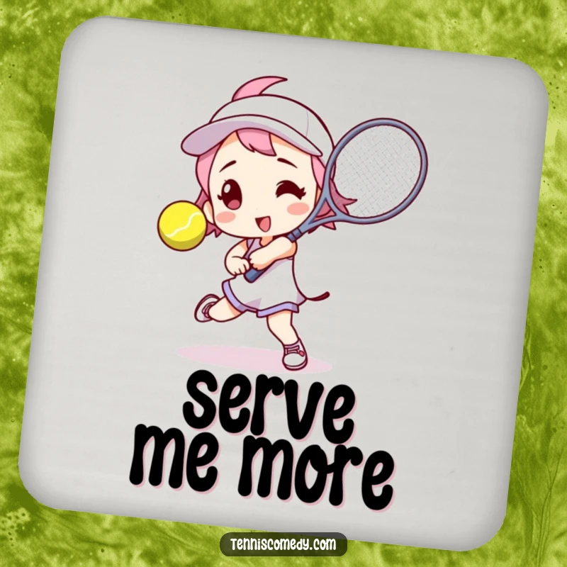 Funny tennis player drink coaster showing a character in an action pose, ready to hit a tennis ball, perfect for home bars.