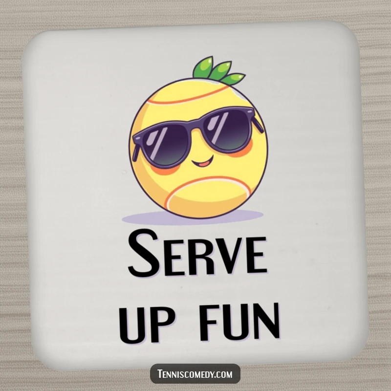 Funny drink coasters displaying a tennis ball with sunglasses on a court, adding humorous protection and style as a gift.
