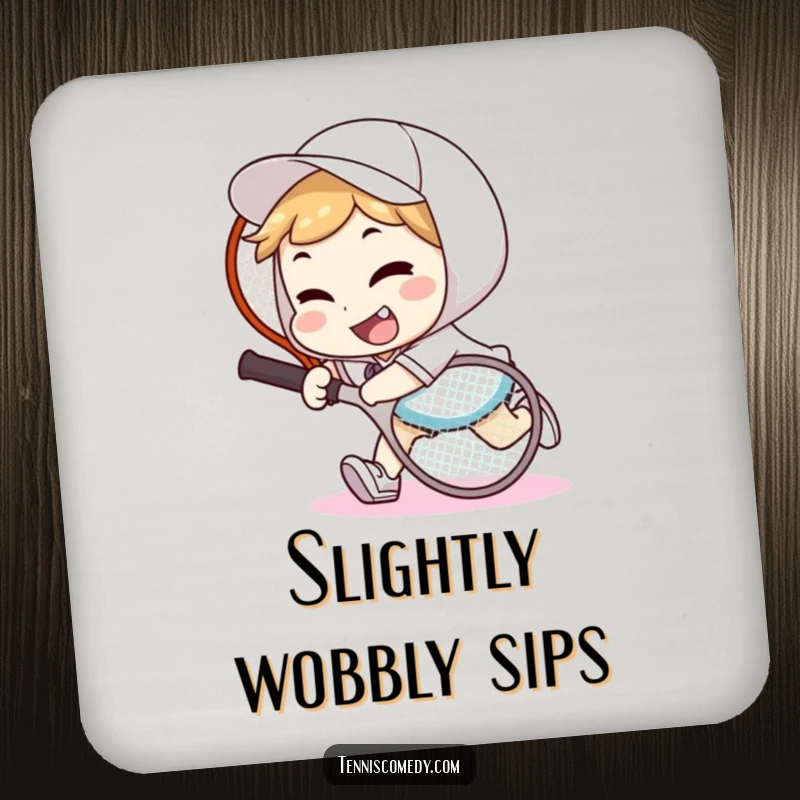 Funny tennis tripper drink coaster showing a character tripping over a tennis racket with a goofy smile, perfect for home bars.