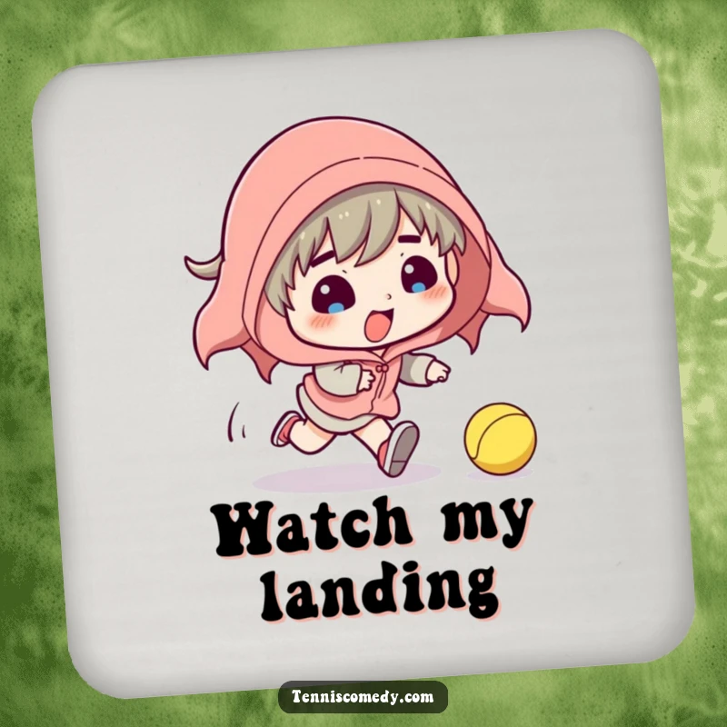 Funny coaster set showing a cartoon tennis player comically tripping while chasing a tennis ball. Humorous drink protection.