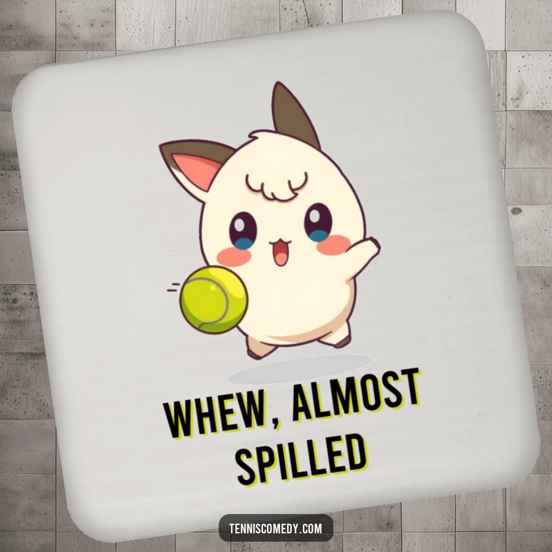 Funny tennis dodge drink coaster showing a character with a surprised face, reacting to a tennis ball, perfect for home bars.