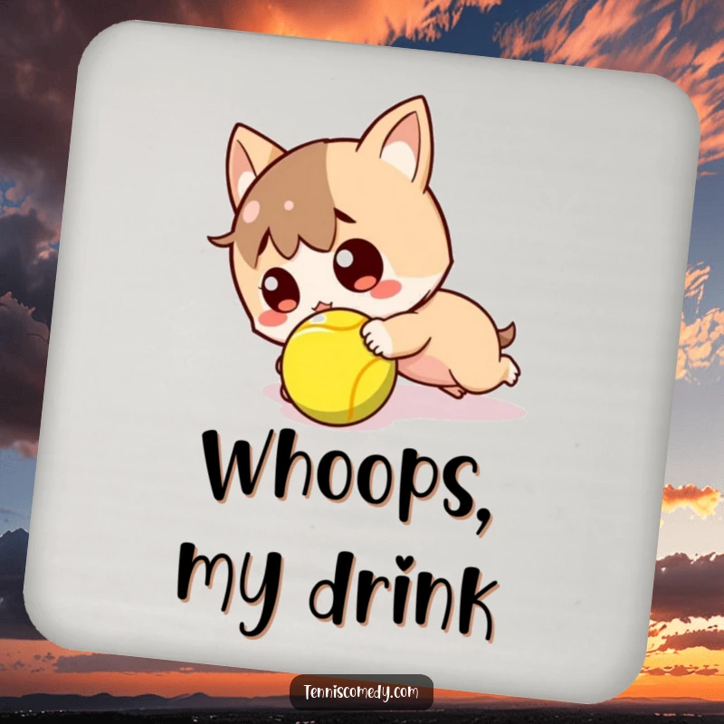 Funny drink coaster with a kawaii tennis player tripping over a tennis ball, looking surprised while protecting surfaces.