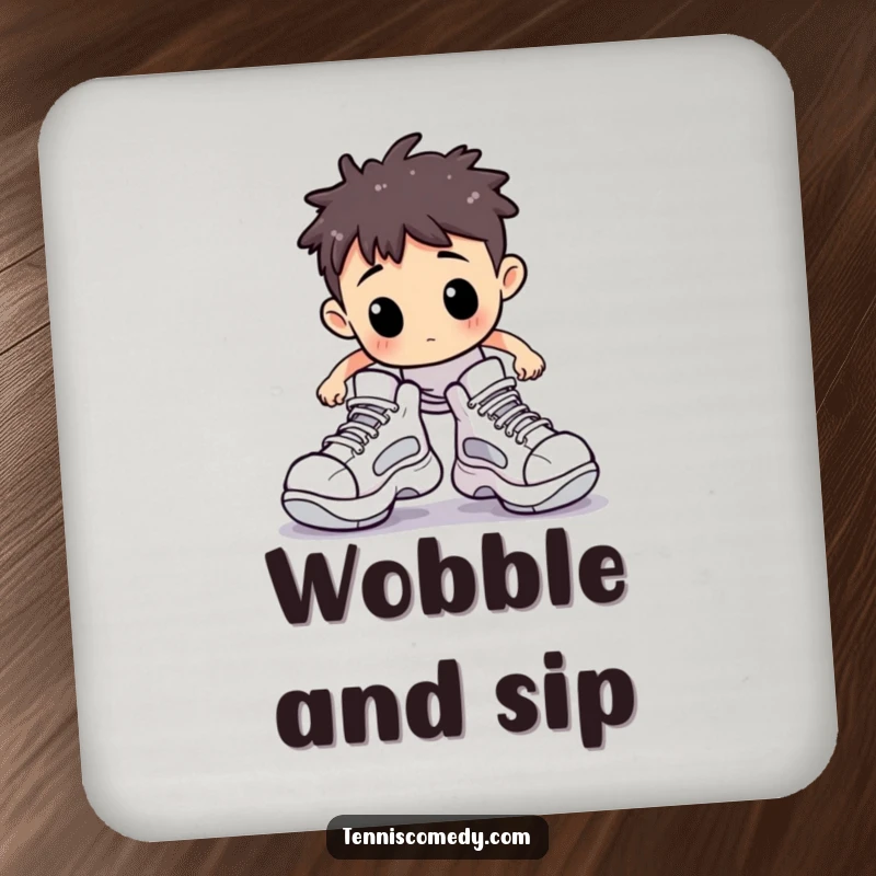 Funny drink coaster featuring a Staffordshire character comically stumbling on a tennis court in oversized shoes, adding sports humor.