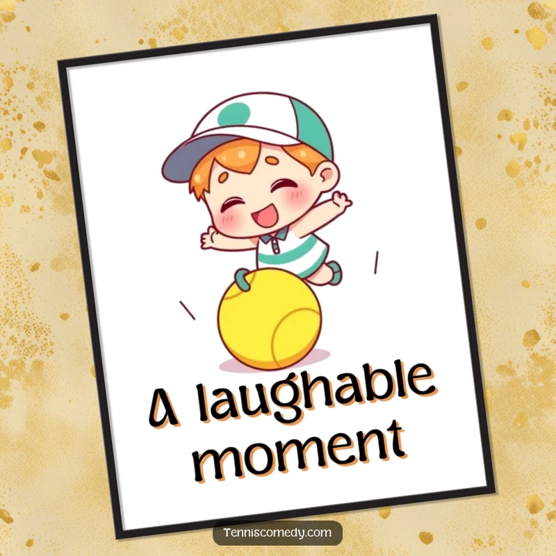 Funny cartoon character poster tripping over a tennis ball with a giggle, sports art print, humorous moment, excellent funny gift.