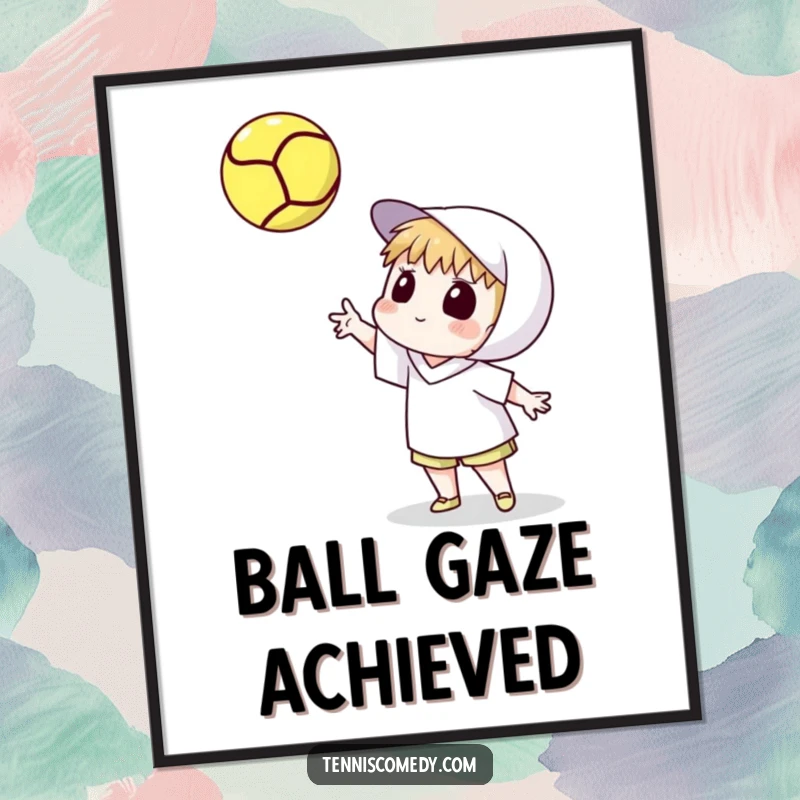 Funny poster print of a cartoon tennis player tossing a tennis ball high and watching its spin. Artistic sports wall art.