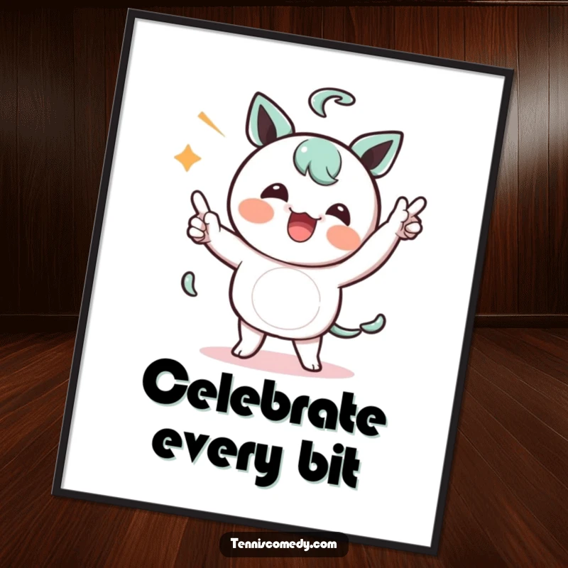 Funny Kawaii character poster art depicting a character comically celebrating a point with a silly dance, perfect for adding humor.
