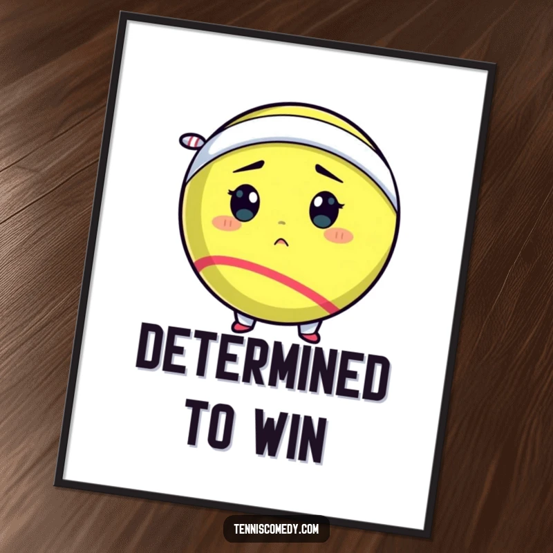 Funny tennis ball poster illustrating a determined tennis ball wearing a tiny sweatband, ready for action with a focused expression.