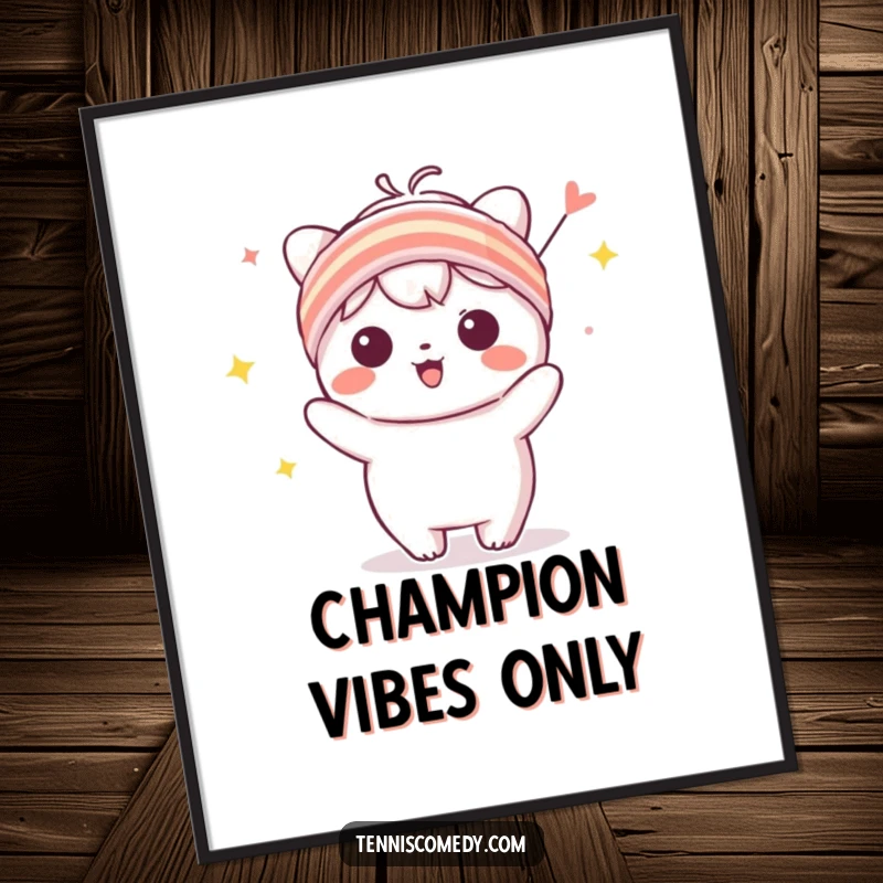 Funny Kawaii character poster with a tiny sweatband, in a celebratory pose, bringing joy and victory vibes to any wall.