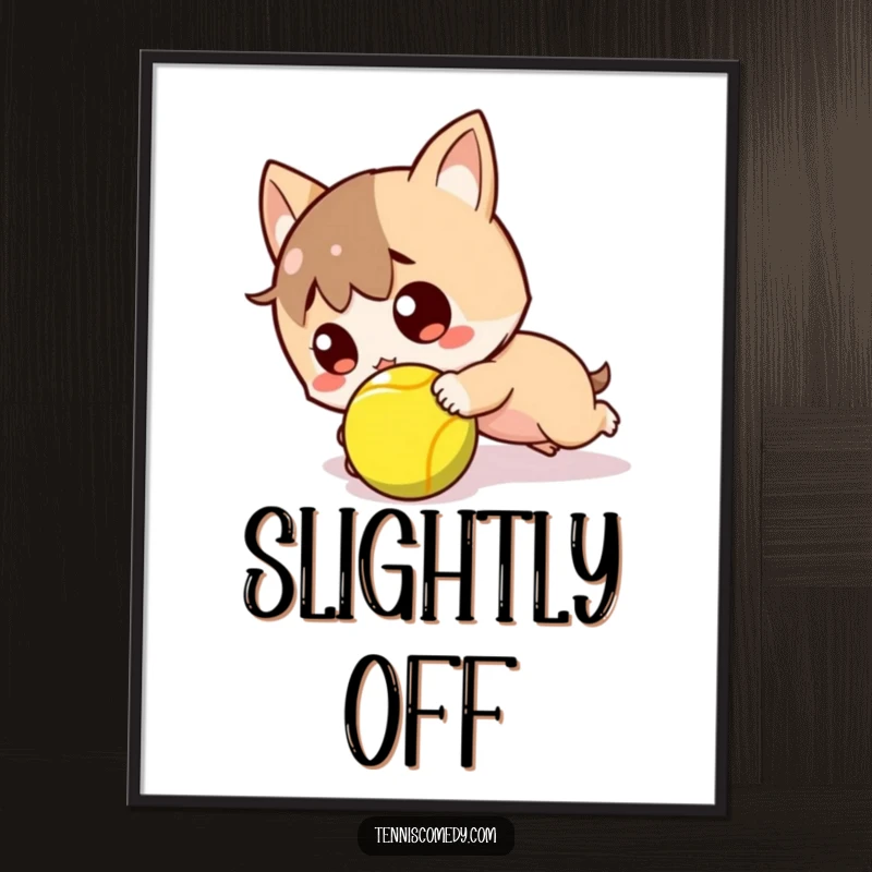 Funny poster showcasing a kawaii tennis character hilariously tripping over a tennis ball, with a look of sheer surprise.