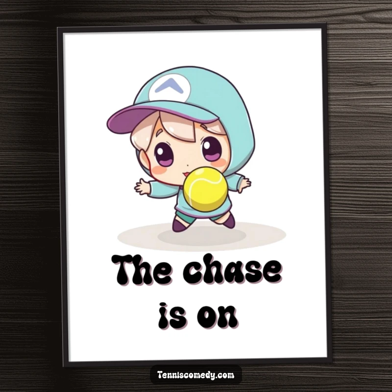 Funny tennis poster, action-packed illustration, character attempting to catch a tiny, swift tennis ball, vibrant sports art.