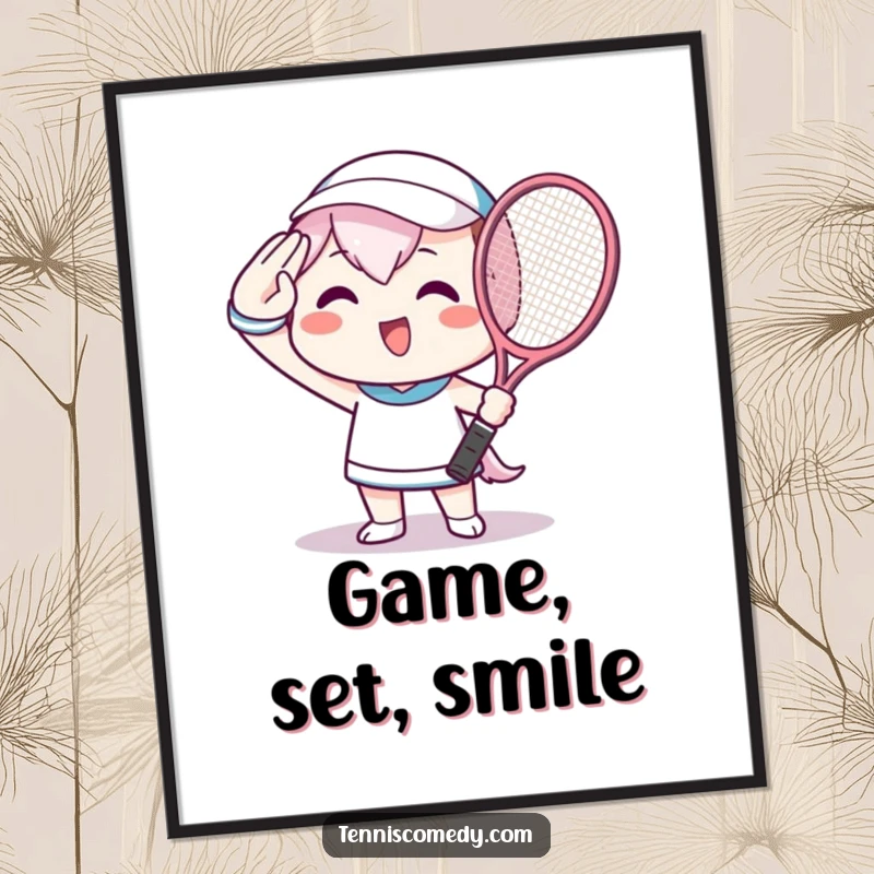 Funny Poster showing a beaming Kawaii character saluting energetically with a tennis racket, celebrating the sport.