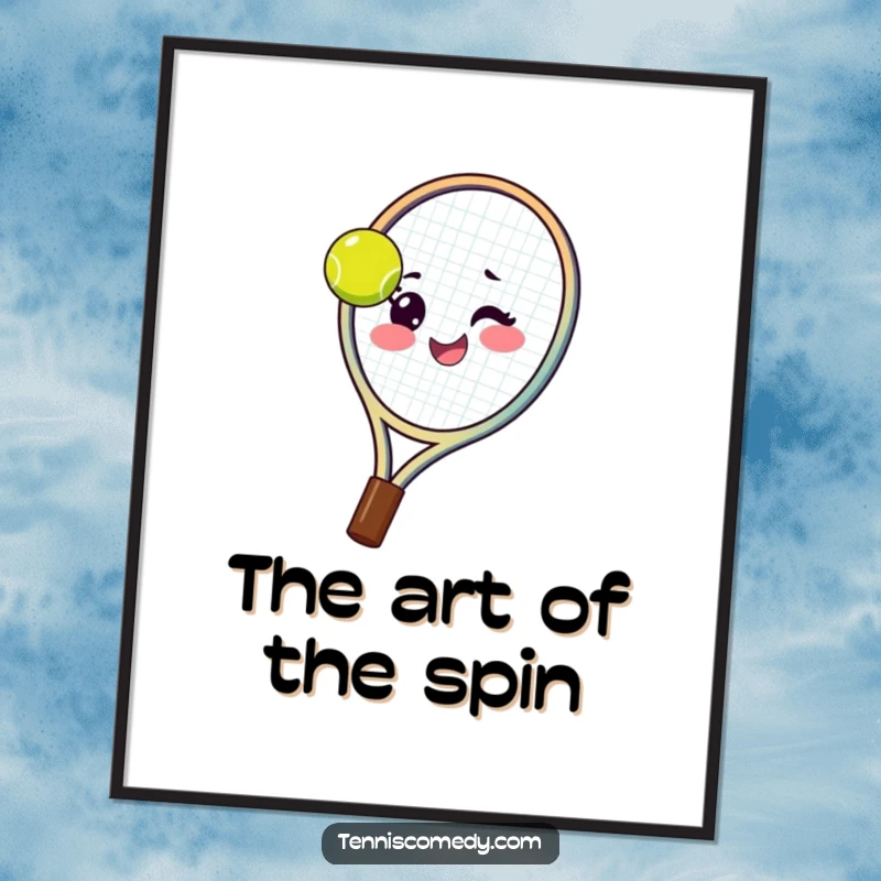 Funny tennis racket poster illustrating a happy racket spinning a ball on its strings with a mischievous wink, full of sporty flair.