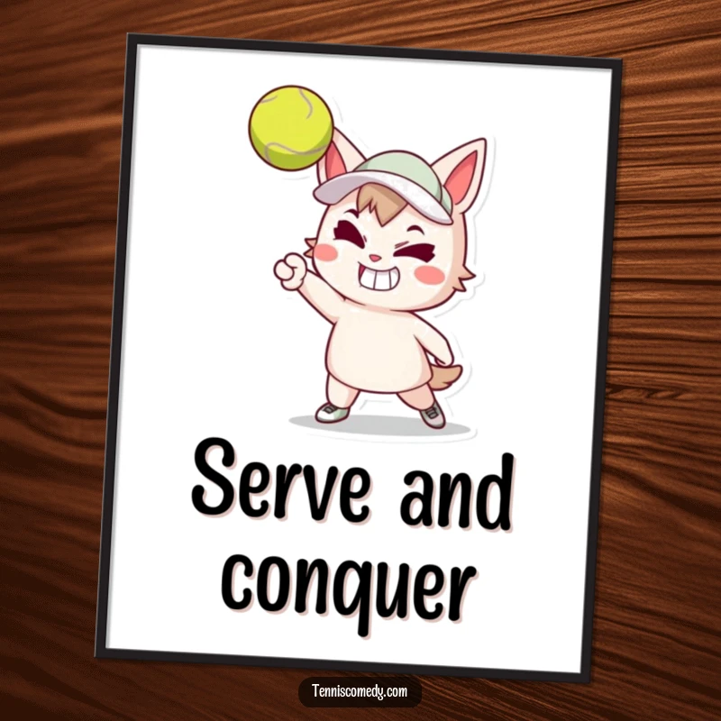 Funny poster print of a cartoon tennis player with a determined grin executing a forceful tennis serve. Inspiring sports art.
