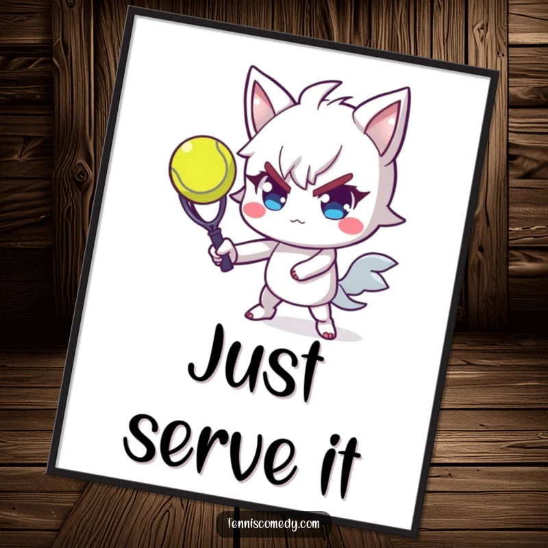 Funny tennis poster of a determined character in action, serving a tennis ball with exceptional flair and a look of intense concentration.