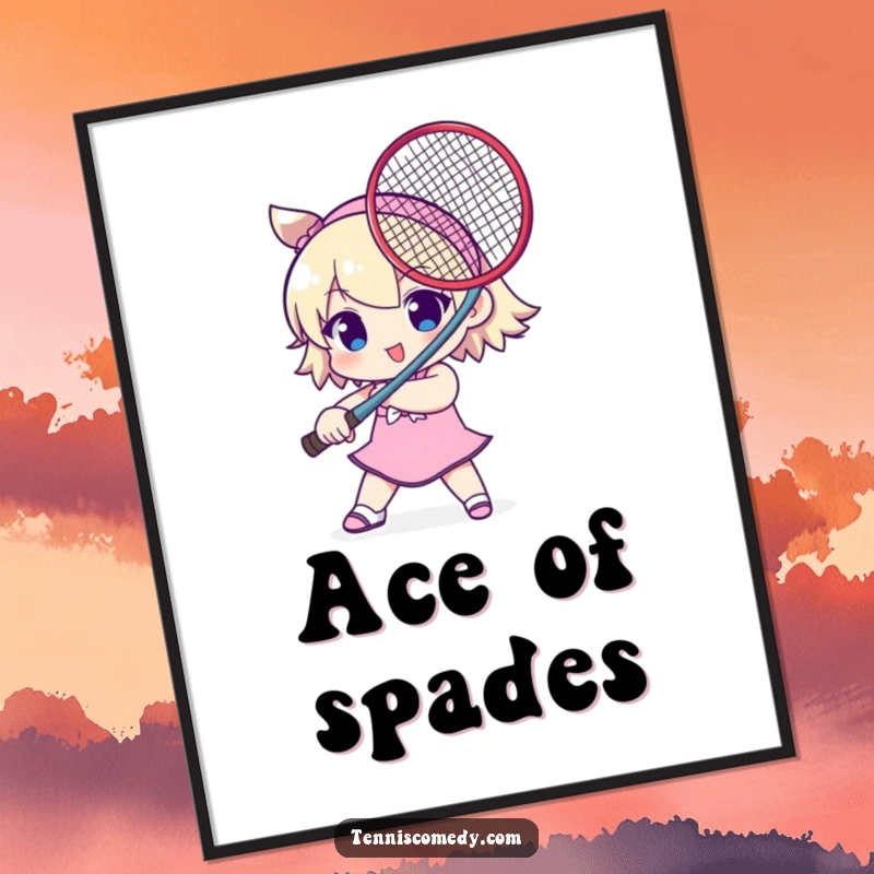 Funny poster featuring a cute character playfully holding a tennis racket like a sword, adding humorous art to any space.