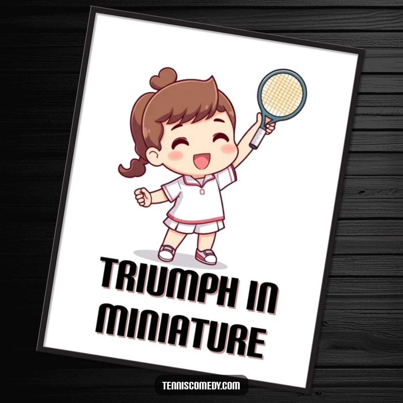 Funny poster depicting a character triumphantly raising a tiny tennis racquet after a successful point, capturing a moment of humorous victory.