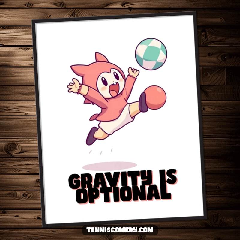 Funny poster art: a character leaping high in the air to strike a bouncing ball. Captures motion and excitement humorously.