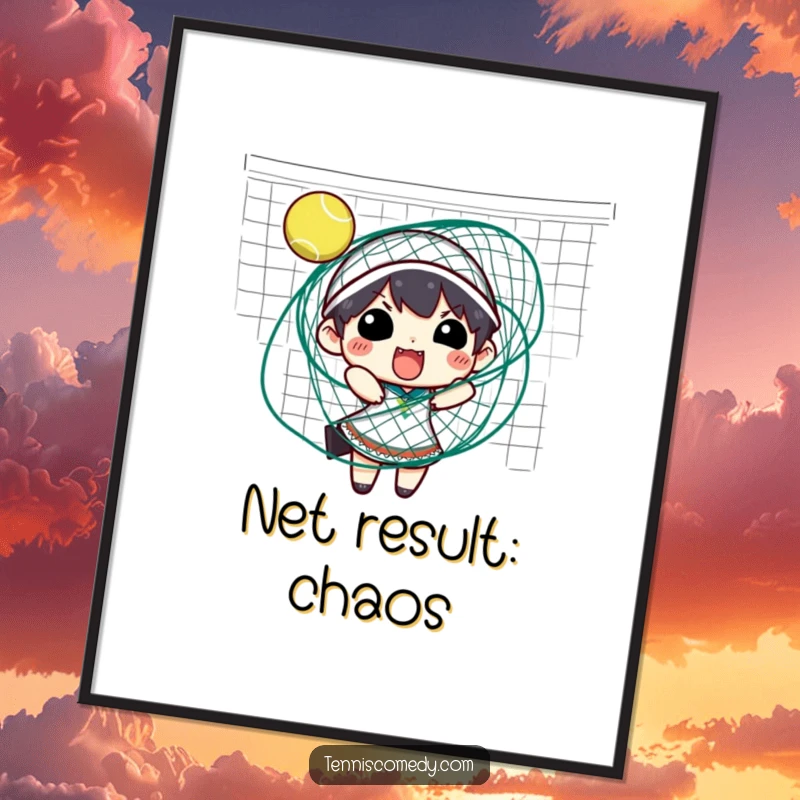Funny tennis poster showing a character hilariously stuck and tangled within a tennis net, perfect for humorous wall decor.
