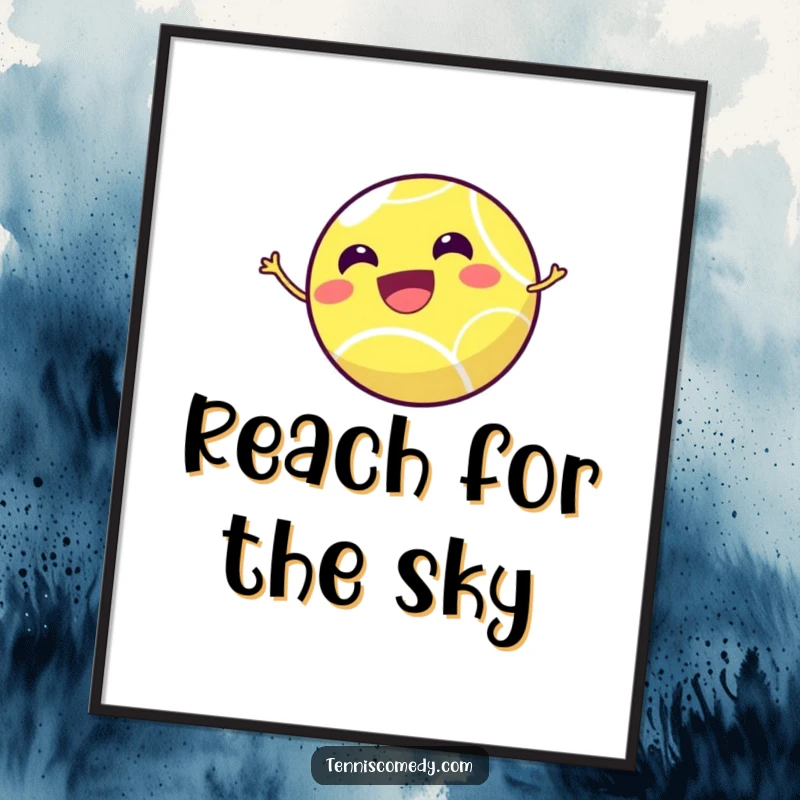 Funny tennis ball poster illustrating a tiny tennis ball with a smile, joyfully bouncing high in the air, full of sporty exuberance.
