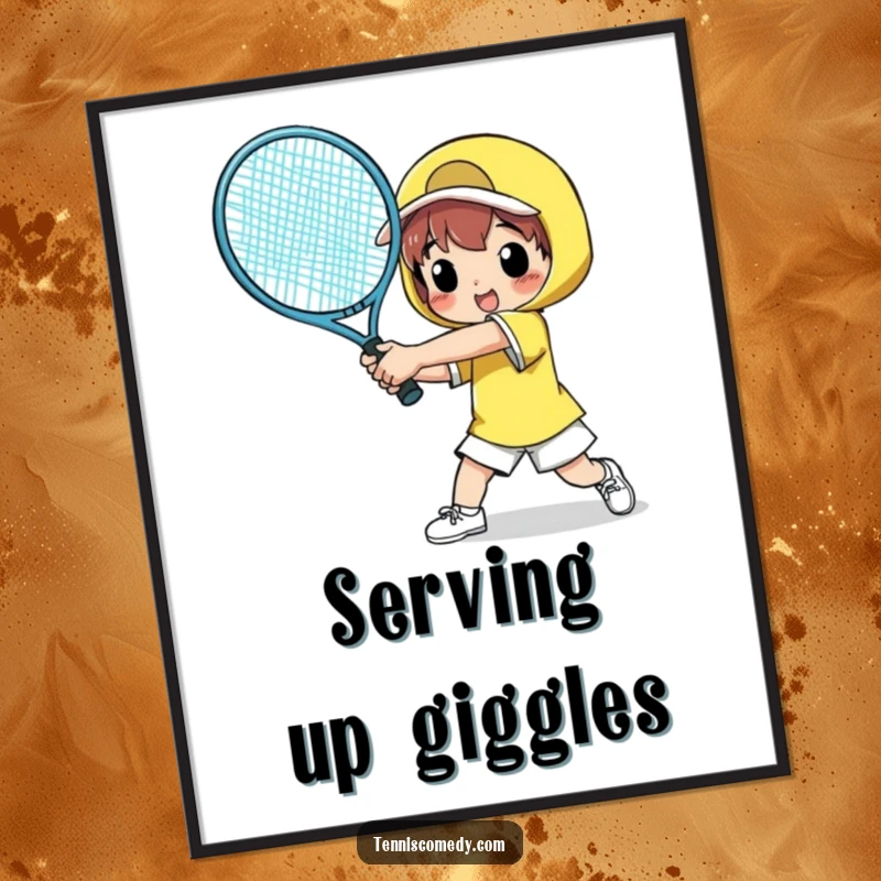 Funny poster showcasing a character comically swinging a massive tennis racket, adding a humorous and energetic splash to any wall decor.