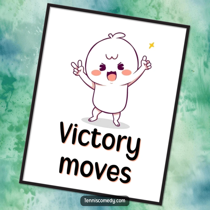 Funny poster showcasing a kawaii tennis character doing a hilarious, silly victory dance, perfect for cheerful decor.