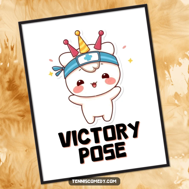 Funny poster showcasing a kawaii tennis player wearing a sweatband, joyfully celebrating a match win.