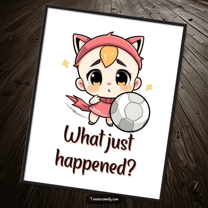 Funny poster featuring a cute character looking confused by a very fast tennis ball. Humorous wall art.