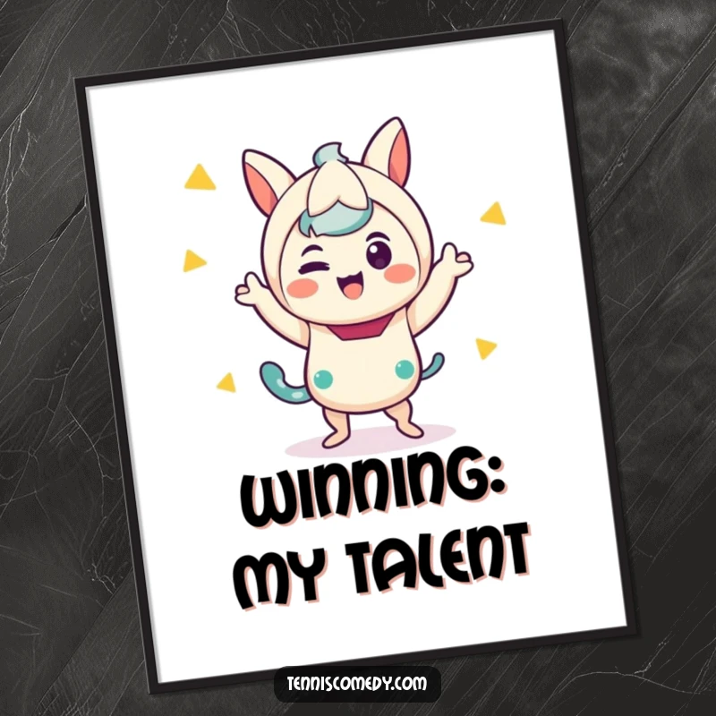 Funny poster art showing a cute kawaii character performing an absurdly joyful and silly victory dance for ultimate celebration.