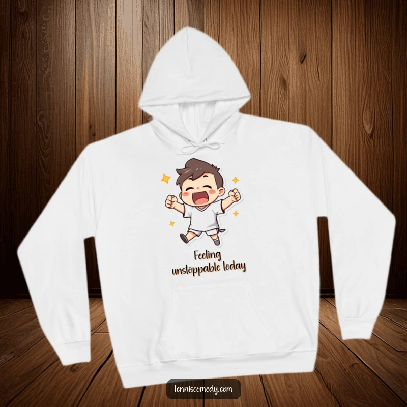 Funny hoodie depicting a character enthusiastically cheering with clenched fists after scoring, warm and celebratory.