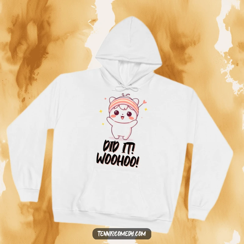 Funny Kawaii character hoodie with a tiny sweatband, in a celebratory pose, perfect for staying warm and inspired.