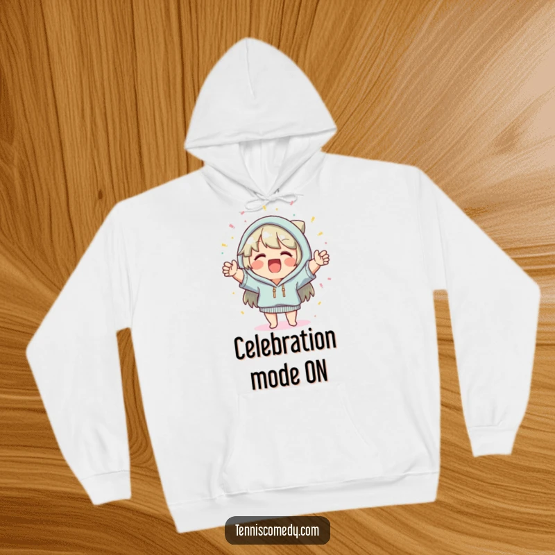 Funny hoodie, cheerful character, confetti falling, festive, cozy, perfect for celebrations, warm gift.