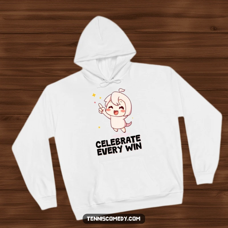Funny cute character hoodie, mid-happy dance, celebrating a point with infectious enthusiasm and joy.