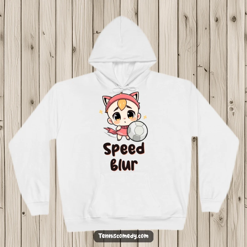 Funny hoodie featuring a cute character looking confused by a very fast tennis ball. Cozy and humorous gift.