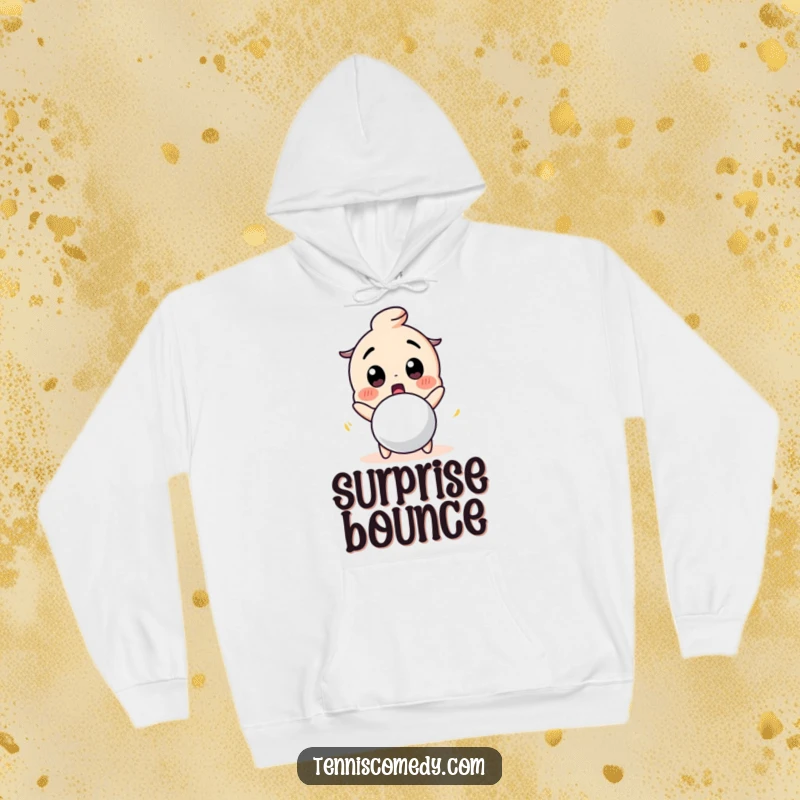 Funny hoodie featuring a cute character with a surprised face at a bouncing tennis ball. Cozy and humorous gift.