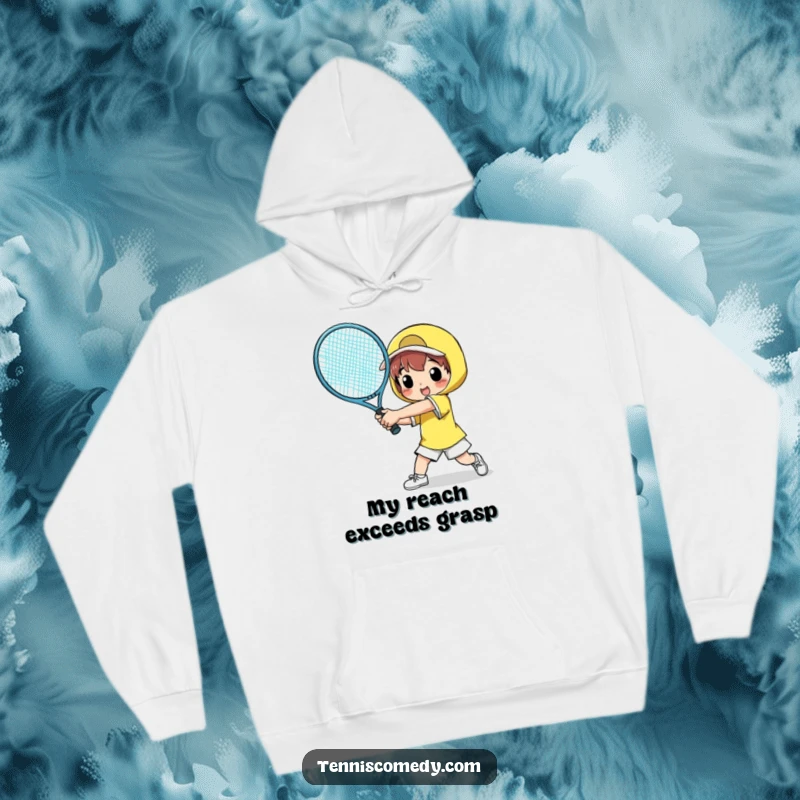 Funny hoodie depicting a character comically swinging an enormous tennis racket, perfect for cozy laughs and showcasing a love for humor.