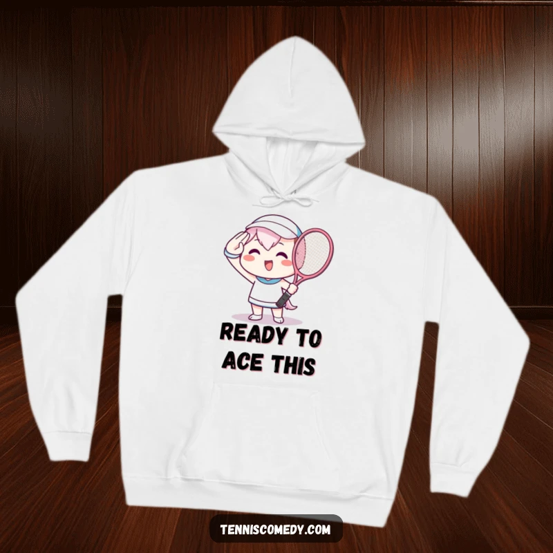 Funny Hoodie featuring a beaming Kawaii character saluting with a tennis racket, embodying sports enthusiasm and joy.