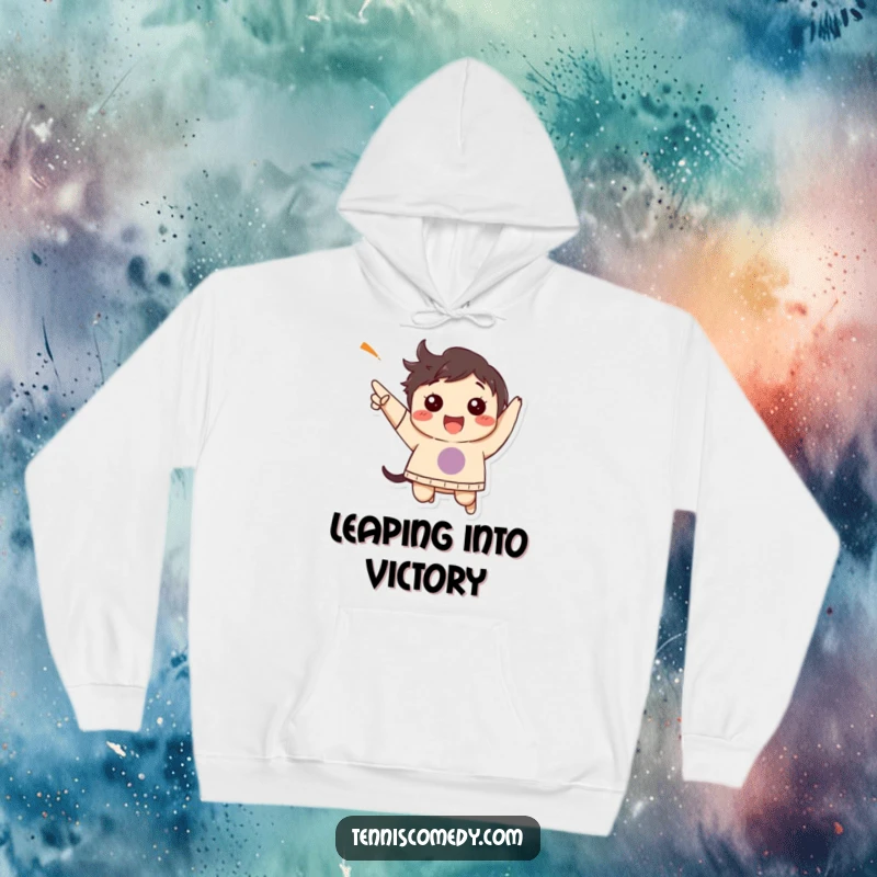 Funny hoodie showcasing a character capturing a moment of pure joy with a celebratory jump.