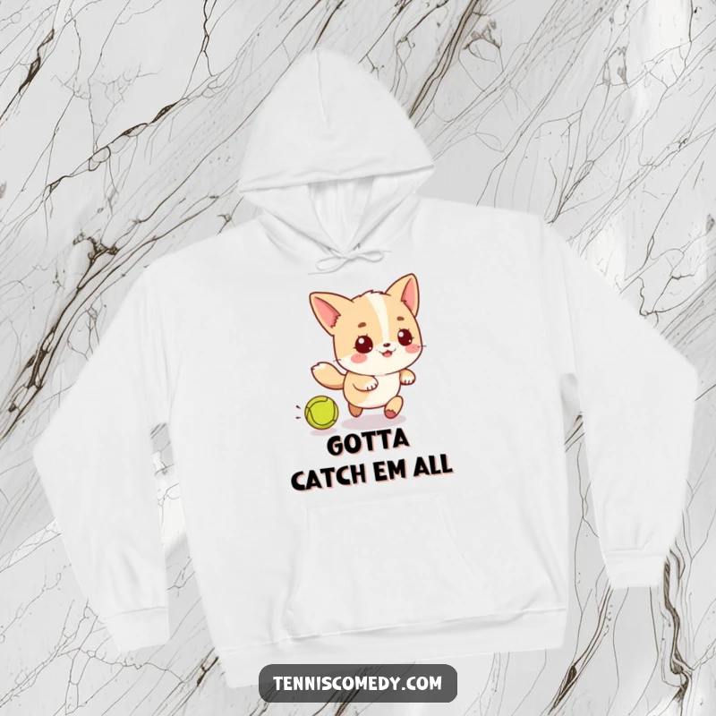 Funny Kawaii Tennis Pursuit Hoodie: Cute character playfully chasing a tennis ball, offering warmth and a dose of lighthearted fun.