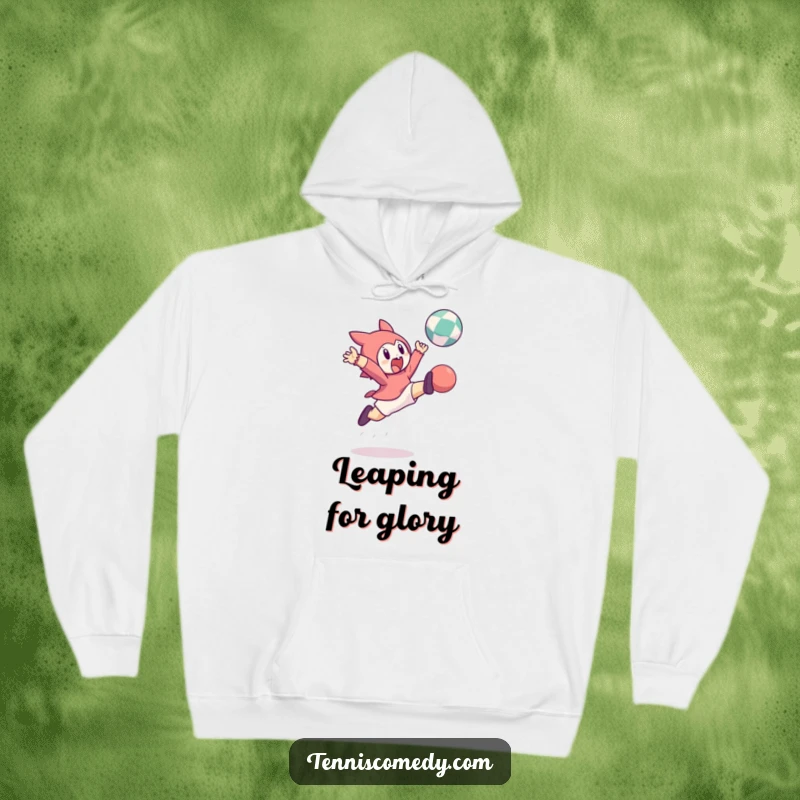 Funny hoodie design: a character leaping high to hit a bouncing ball. Comfortable, warm, and action-packed.