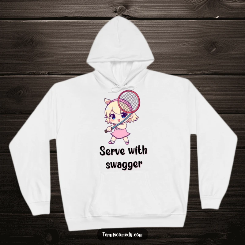 Funny hoodie depicting a cute character holding a tennis racket as a sword, offering playful warmth and humor. Great gift.