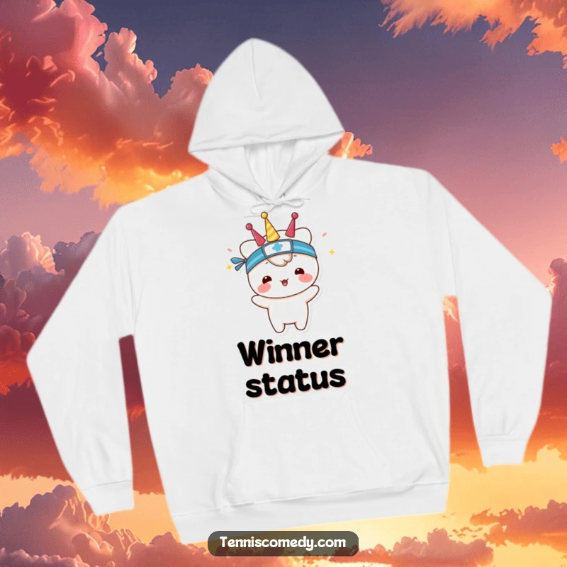 Funny hoodie with a kawaii tennis character wearing a sweatband, striking a celebratory pose after a win.