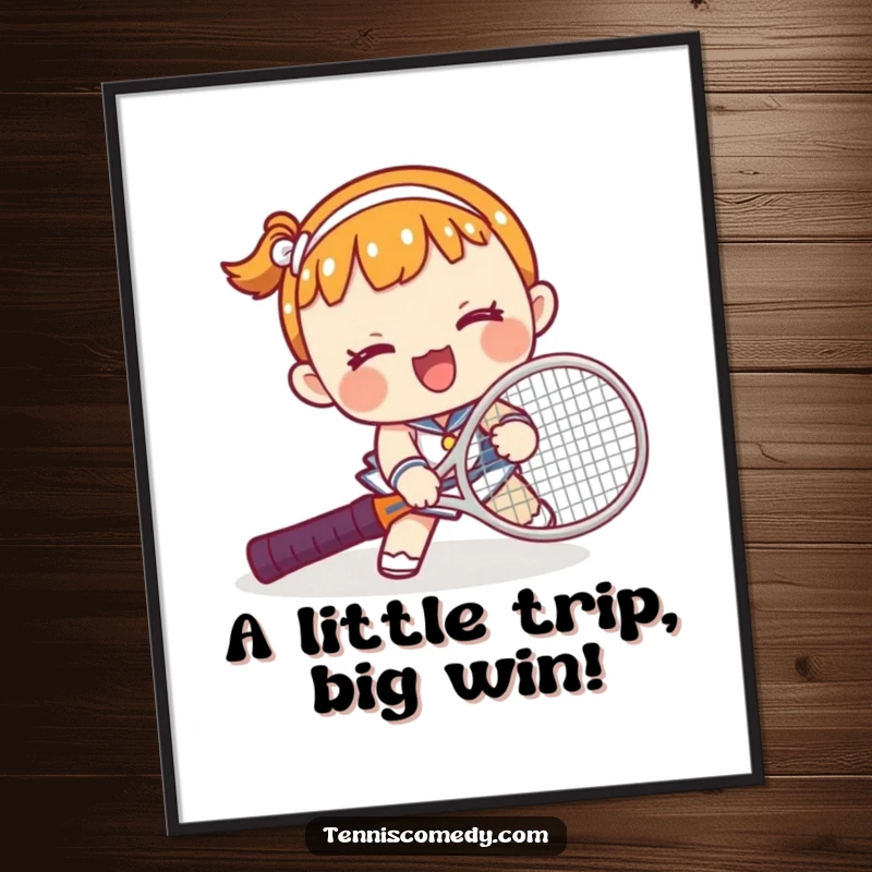 Funny Free Printable Wall Art: A cute kawaii character comically tripping over a tennis racket, spreading laughter.