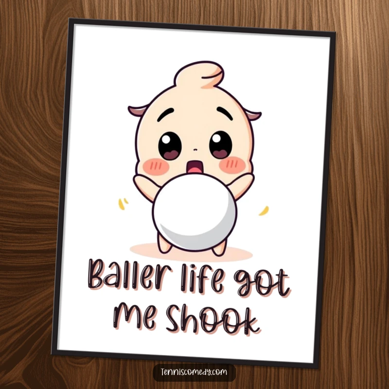 Funny Free Printable Wall Art: Cute character's shocked face at a bouncing tennis ball, adding humorous decor.