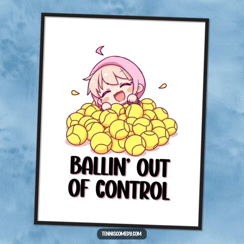Funny Free Printable Tennis Wall Art: Tennis character comically tumbles into a massive pile of tennis balls, a funny scene.
