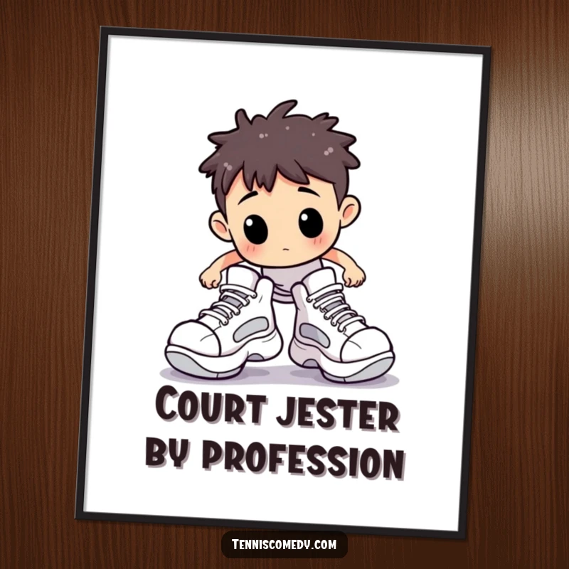 Funny Free Printable Wall Art: Character wearing oversized tennis shoes, comically stumbling on a tennis court, humorous art.