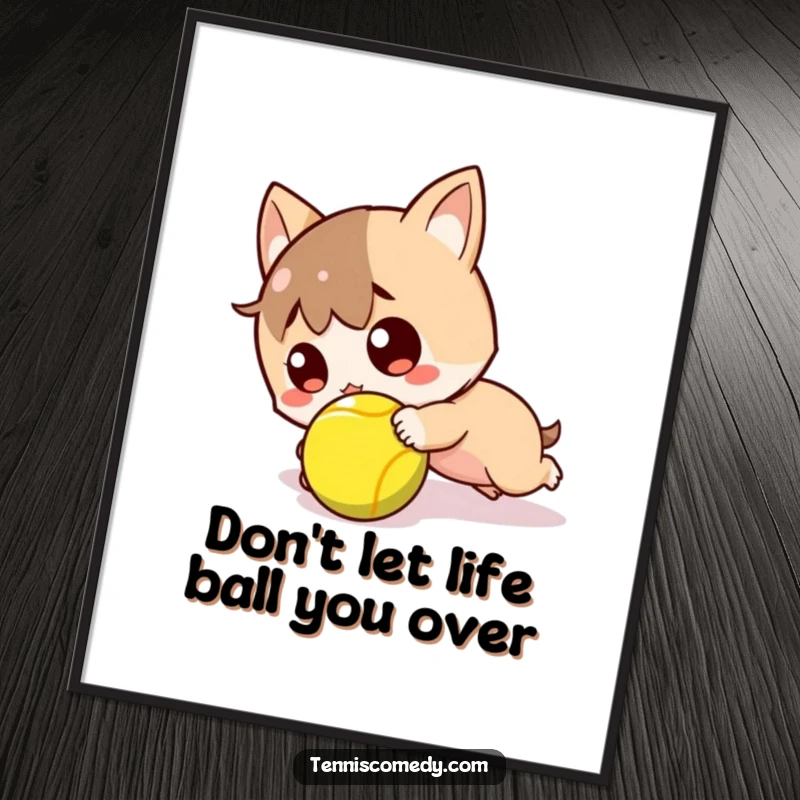 Funny Free Printable Wall Art: Kawaii tennis character surprised after tripping over a ball, a humorous and relatable downloadable art piece.