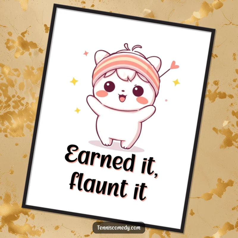 Funny Free Printable Wall Art: Kawaii character wearing a tiny sweatband, celebrating with infectious enthusiasm.
